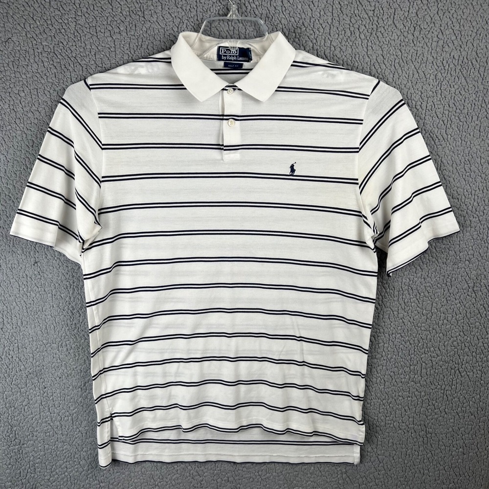 Ralph Lauren Polo Shirt‎ Mens Large White Blue Striped Golf Fit Casual Supima